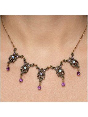 Anne Koplik Necklace Purple Crystal Opal Victorian Collar Choker Antique Bronze